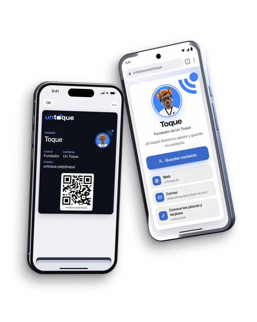 Un iPhone con la tarjeta digital junto a un Android que abrió la página de Toque para guardar su contacto