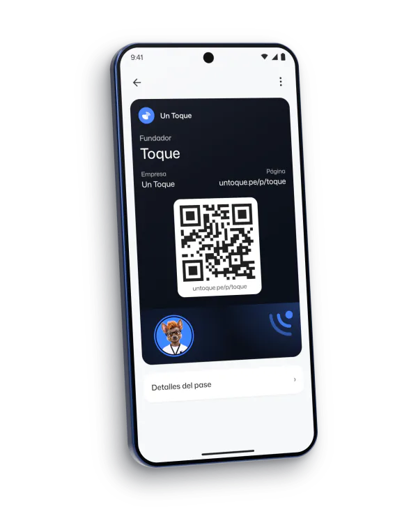 La tarjeta de presentación digital de Toque en Google Wallet, en un Android, con su cargo, su página y su QR