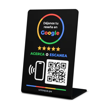 Placa de mesa de reseñas negra de Un Toque, con el diseño de reseñas de Google, chip y QR